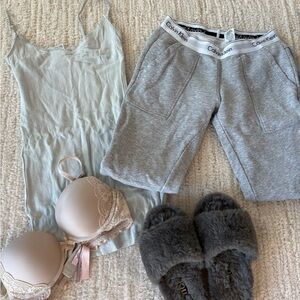 Calvin Klein grey sweats XS, sheepskin MOU slippers 6, VS bra 32C, H&M sleep XXS
